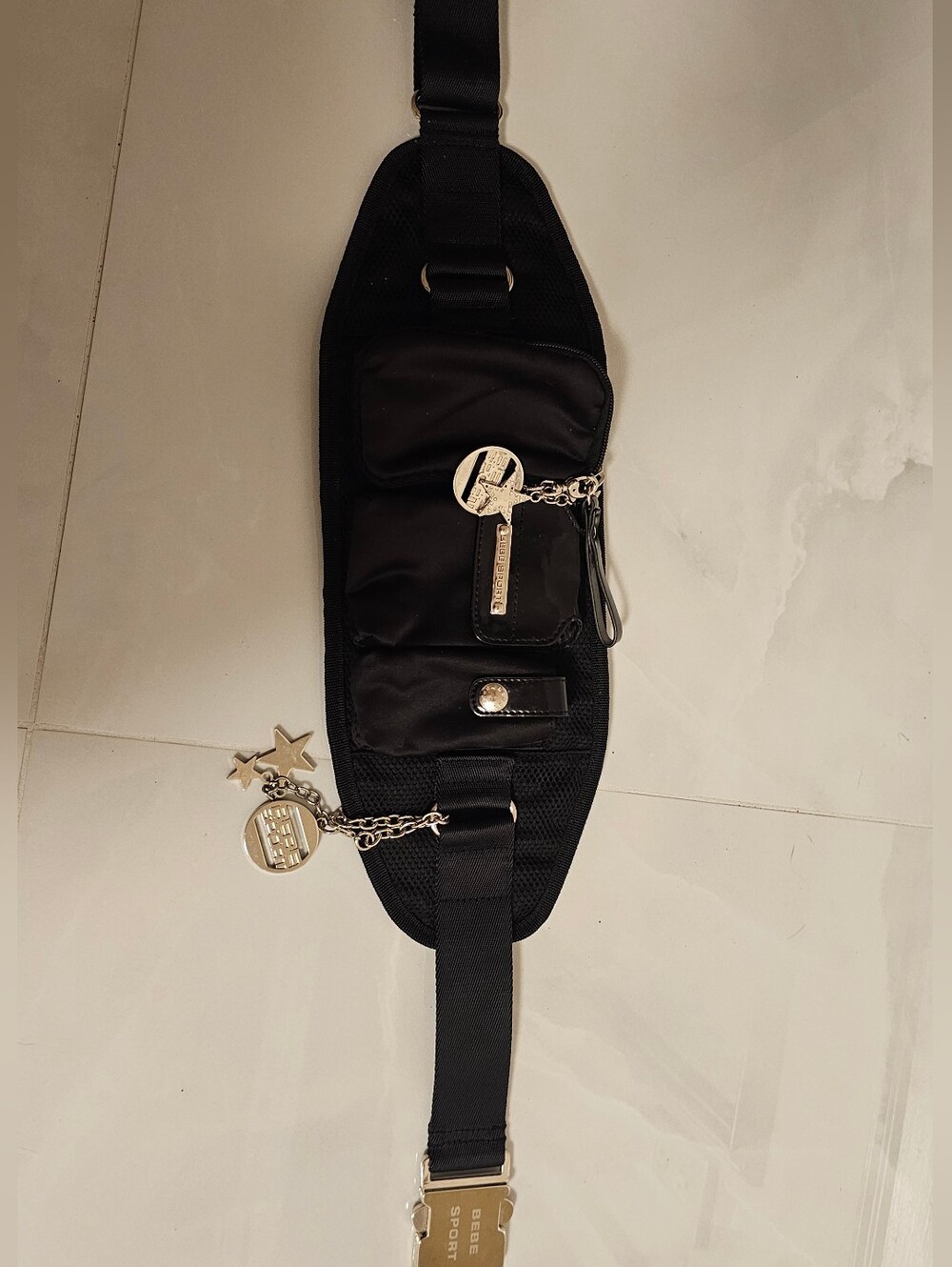 Black Crossbody Belt BaBebe Sport  Utility Belt Bag / Waig with Silver Charms